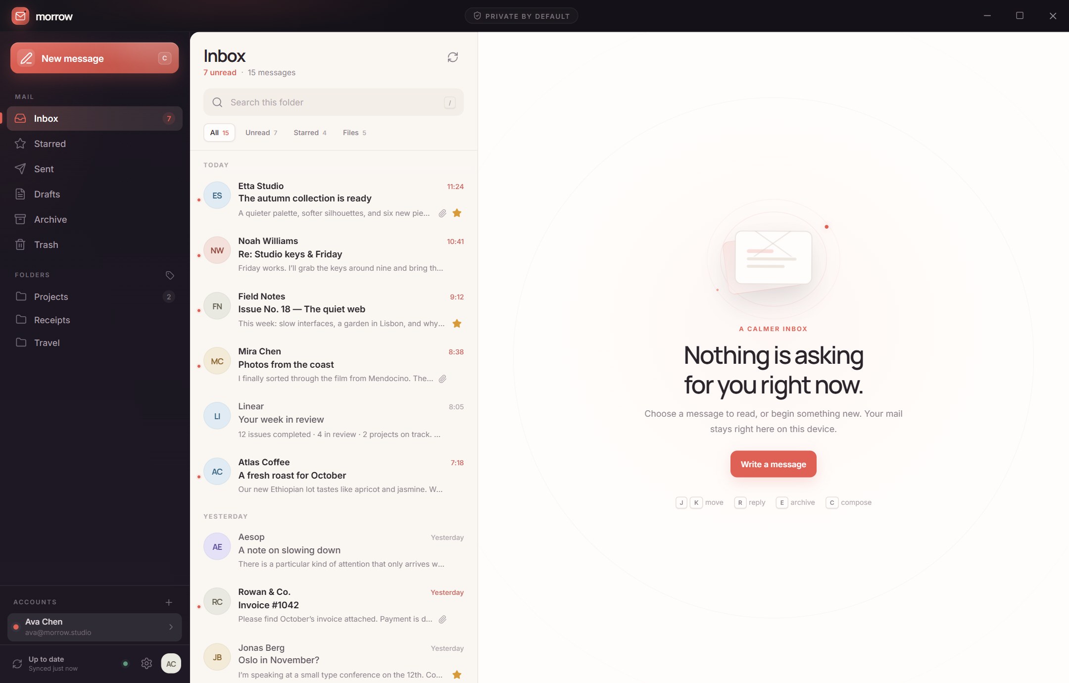 Morrow inbox with an empty reading pane and quiet inbox message