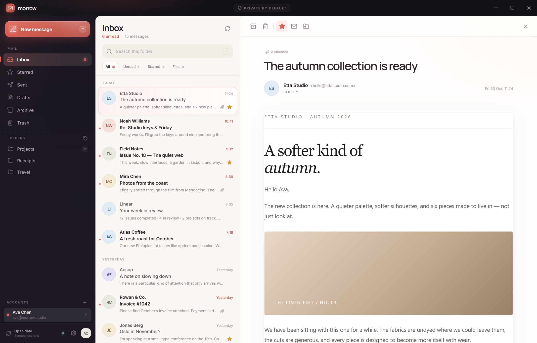 Morrow's three-pane inbox with an email open in the reading pane